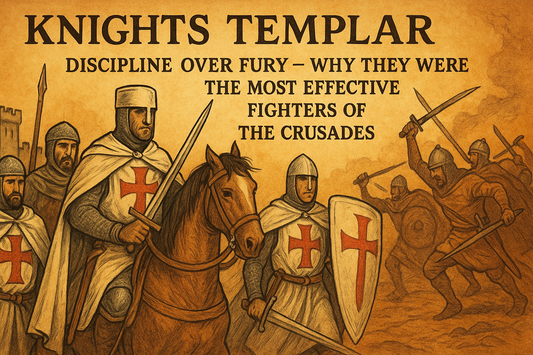 A historical-style illustration of Knights Templar in battle attire, with the title 'KNIGHTS TEMPLAR' and the subtitle 'DISCIPLINE OVER FURY – WHY THEY WERE THE MOST EFFECTIVE FIGHTERS OF THE CRUSADES