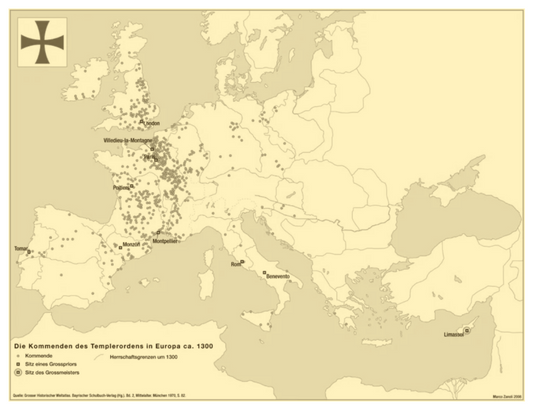 Map showing the locations of Knights Templar commanderies across Europe around the year 1300, including major centers in France, England, Spain, Portugal, Italy, and the Crusader states.