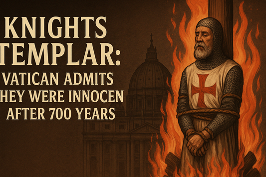 Illustration of a Knights Templar being burned at the stake, with flames surrounding him and St. Peter’s Basilica in the background. Banner text reads: 'Knights Templar: Vatican Admits They Were Innocent After 700 Years.