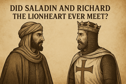 Vintage-style illustration showing Saladin and Richard the Lionheart facing each other, symbolizing their legendary rivalry during the Third Crusade, with the question “Did Saladin and Richard the Lionheart Ever Meet?” displayed above them.