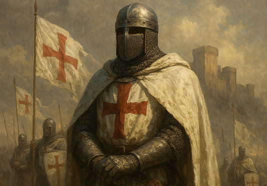 Crusader knight standing on a medieval battlefield with banners and a distant fortress
