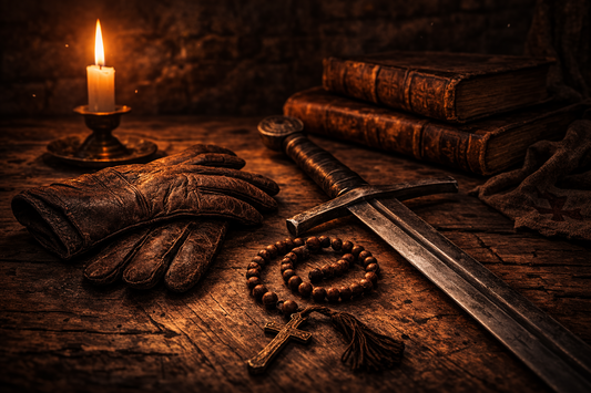 Knights Templar sword and rosary on medieval table symbolizing faith and discipline