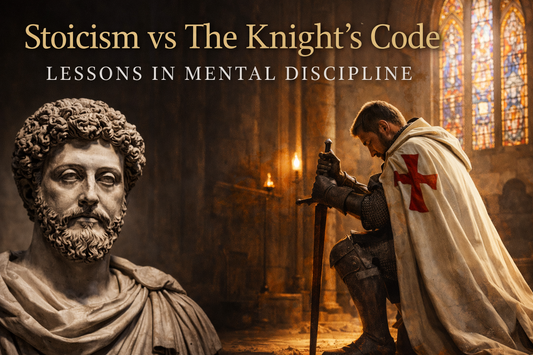 Stoicism vs Knight’s Code concept image showing Marcus Aurelius statue and a Knights Templar praying in a medieval chapel