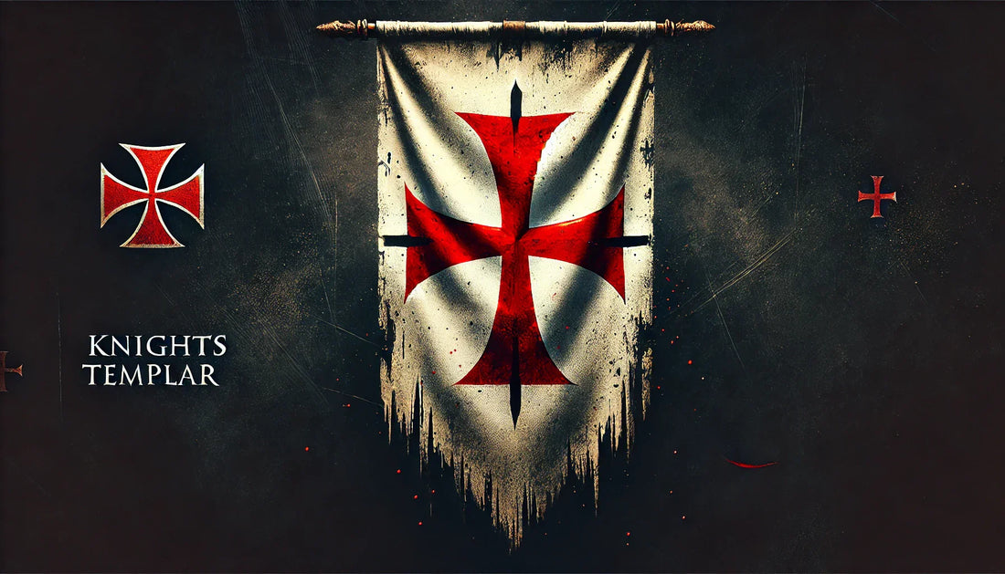 Red cross of the Knights Templar depicted in medieval style on a dark, dramatic background.