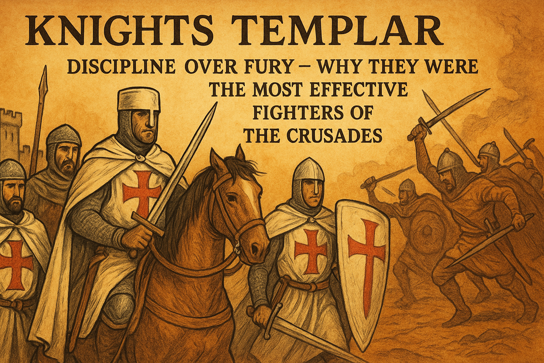 A historical-style illustration of Knights Templar in battle attire, with the title 'KNIGHTS TEMPLAR' and the subtitle 'DISCIPLINE OVER FURY – WHY THEY WERE THE MOST EFFECTIVE FIGHTERS OF THE CRUSADES