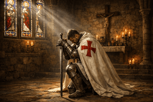 Knights Templar praying representing the motto Non Nobis Domine