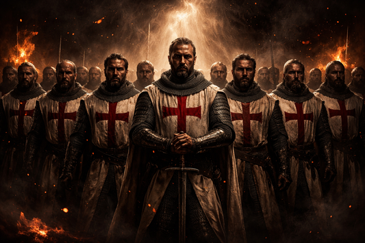 Knights Templar standing in tight formation, symbolizing discipline, brotherhood, and sacred order in a dark cinematic battlefield setting