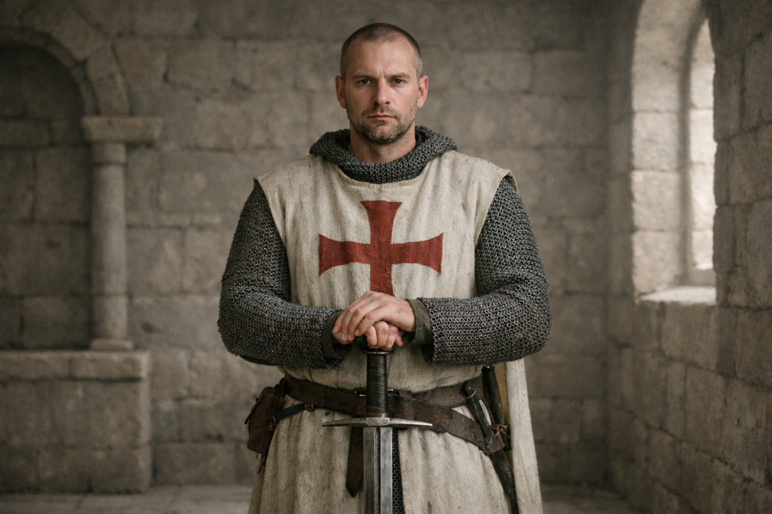 A medieval templar knight standing alone inside a quiet stone chapel, holding a sword, wearing a white surcoat with a red cross, calm and disciplined expression