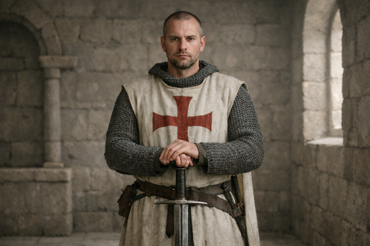 A medieval templar knight standing alone inside a quiet stone chapel, holding a sword, wearing a white surcoat with a red cross, calm and disciplined expression