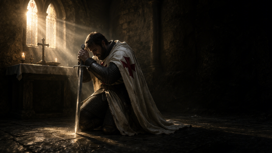 Templar knight kneeling in prayer at dawn inside a medieval chapel, holding a sword during a sacred morning ritual, illuminated by golden sunlight and surrounded by silence and discipline