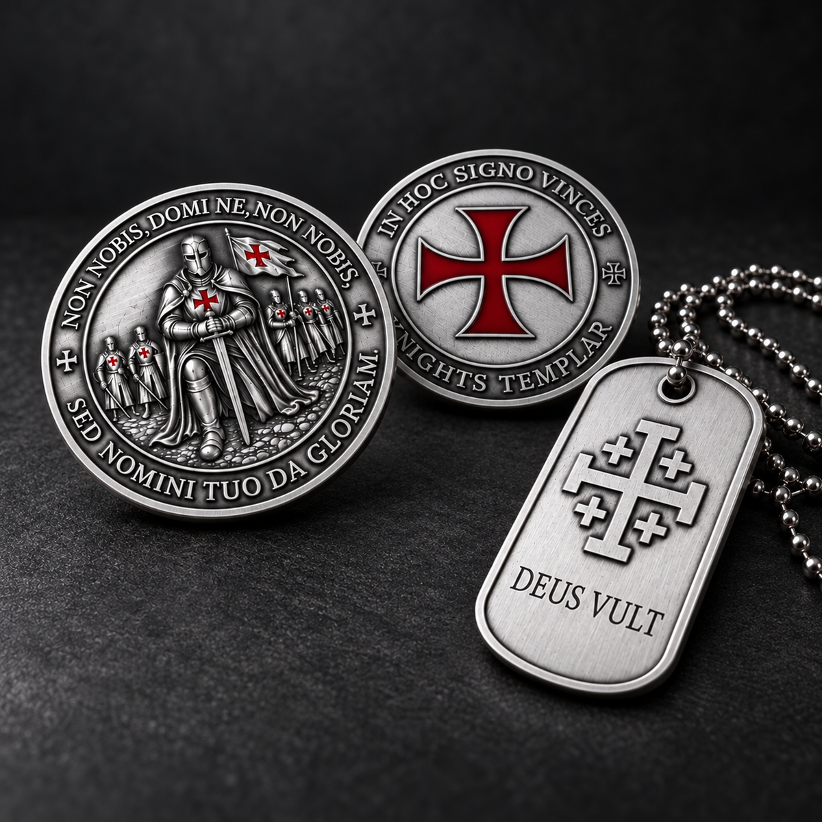 Templar Jerusalem Cross Dog Tag + FREE Challenge Coin