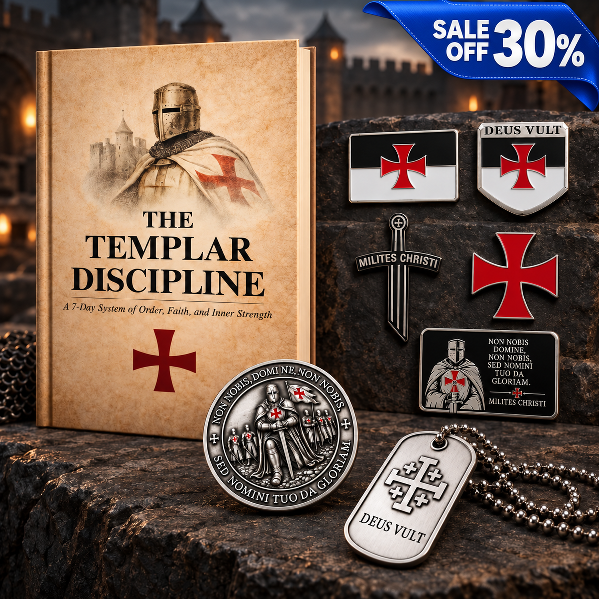 The Templar Discipline Gift Bundle – Hardcover Book, Challenge Coin, Dog Tag & Metal Sticker Set