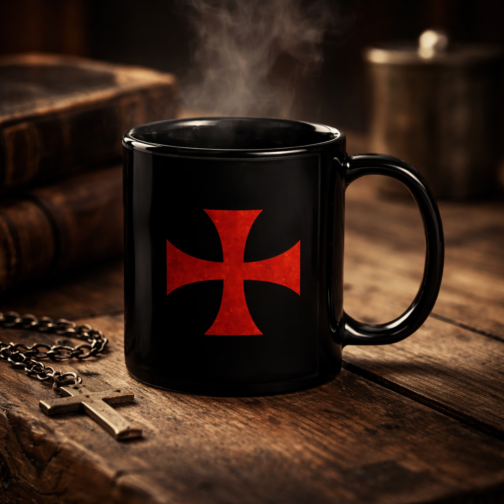Knights Templar Mug – Black Glossy Cross Coffee Cup, Medieval Discipline Design
