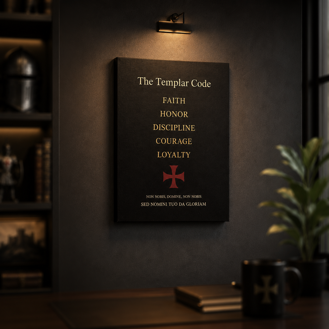 Framed artwork with 'The Templar Code' text and cross symbol on a dark wall.