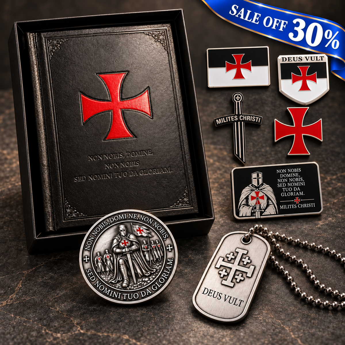 Knights Templar Gift Bundle – A5 Journal, Challenge Coin, Dog Tag & Metal Sticker Set