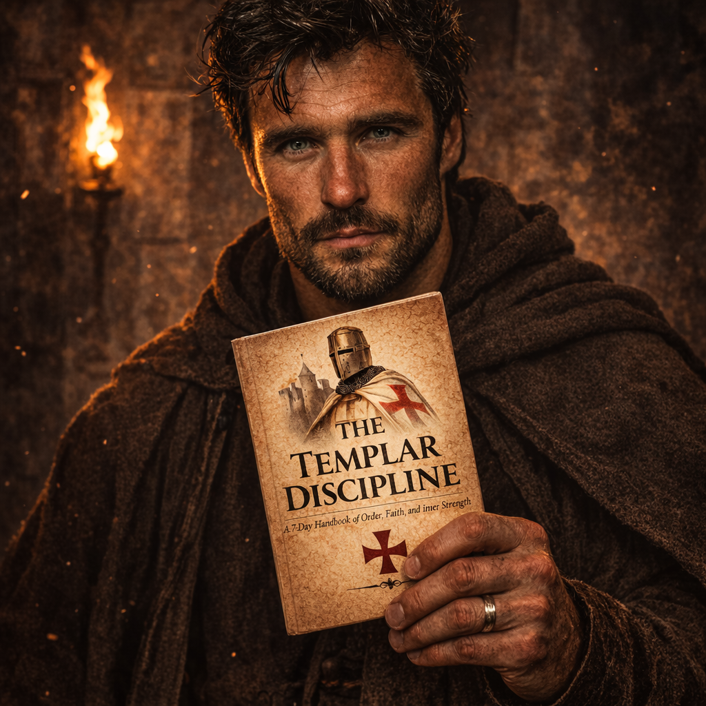 Man in a hooded robe holding a book titled 'The Templar Discipline' with a dark, warm-toned background.