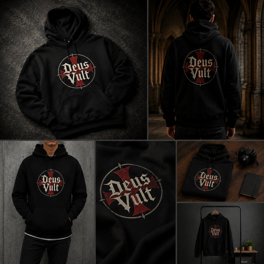 Black hoodie with 'Deus Vult' logo displayed from multiple angles.