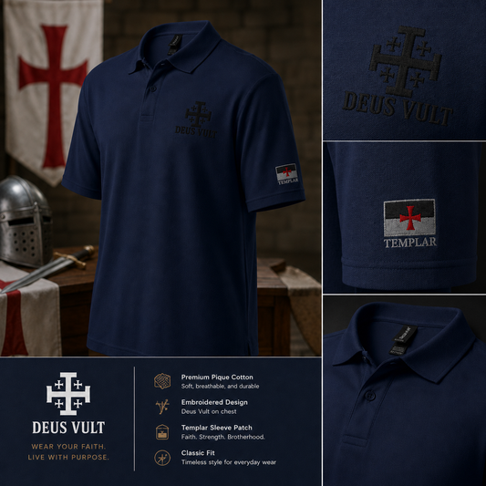 Deus Vult Polo Piqué | Embroidered Jerusalem Cross | Premium Templar Shirt