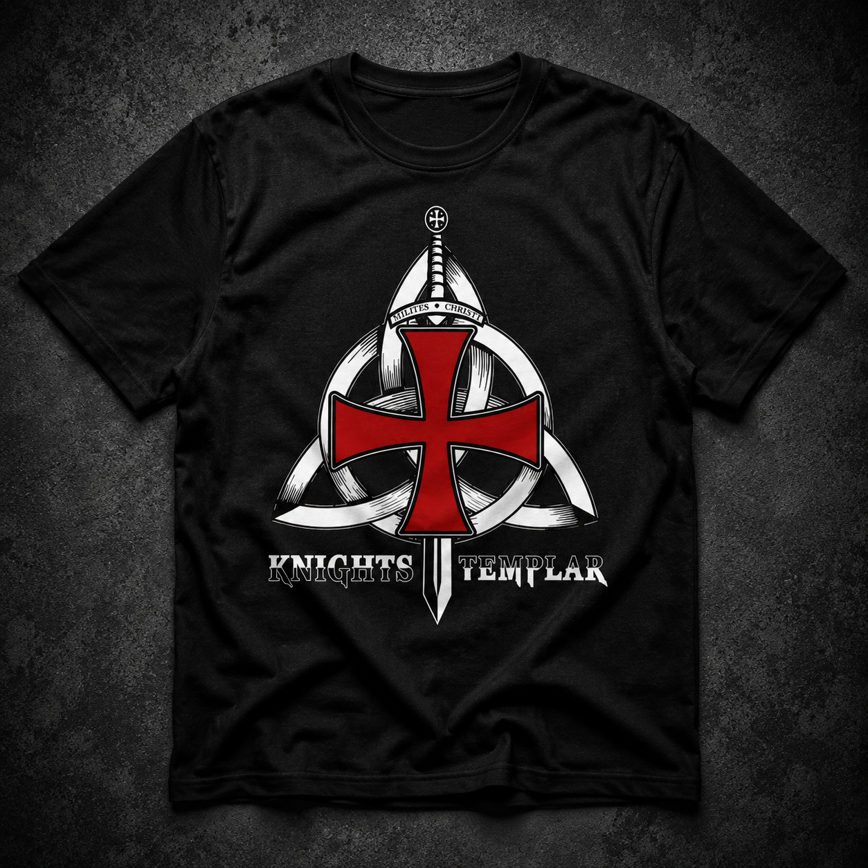 Black t-shirt with Knights Templar logo on a dark textured background
