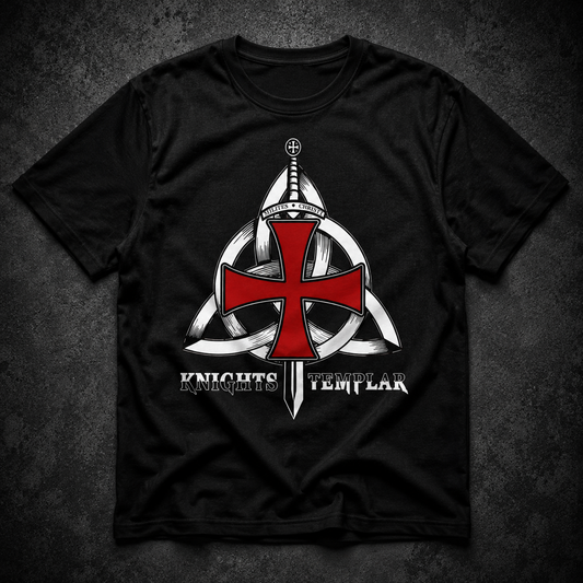 Black t-shirt with Knights Templar logo on a dark textured background