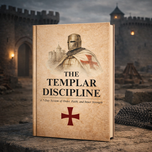 Book titled 'The Templar Discipline' with a knight and cross design, set against a castle background.